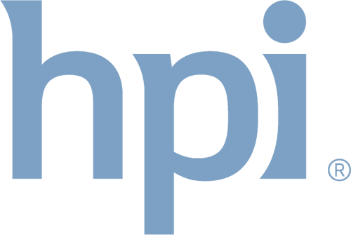 Light blue lowercase letters hpi in a modern sans-serif font on a light gray background, with a registered trademark symbol next to the i.